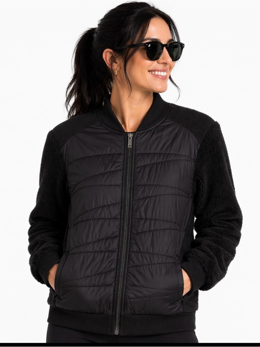 NWT Zella Mixed Media Boxy Quilted jacket. Black, women’s size M.
